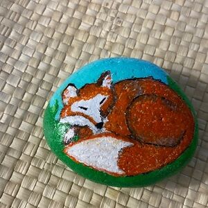 Hand painted Sleeping  Fox Rock 3.5” x 3”